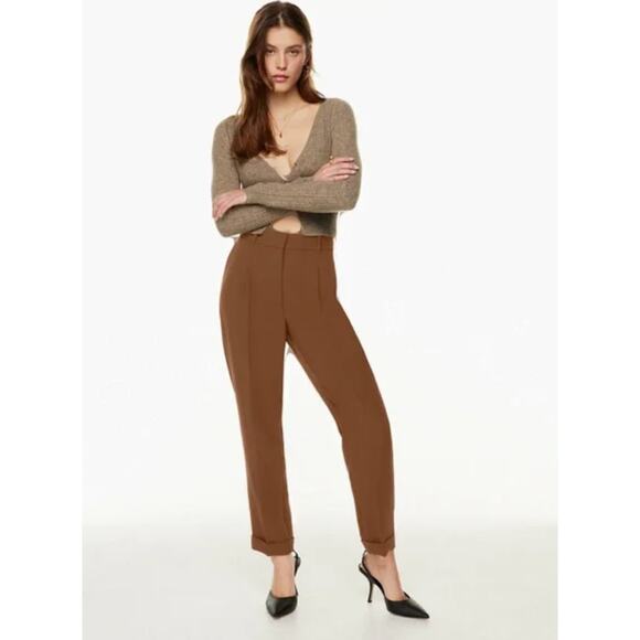 Aritzia Wilfred Dashwood Pant Crepette High Rise Pleated Cuffed Trousers Brown 8 - Picture 1 of 9